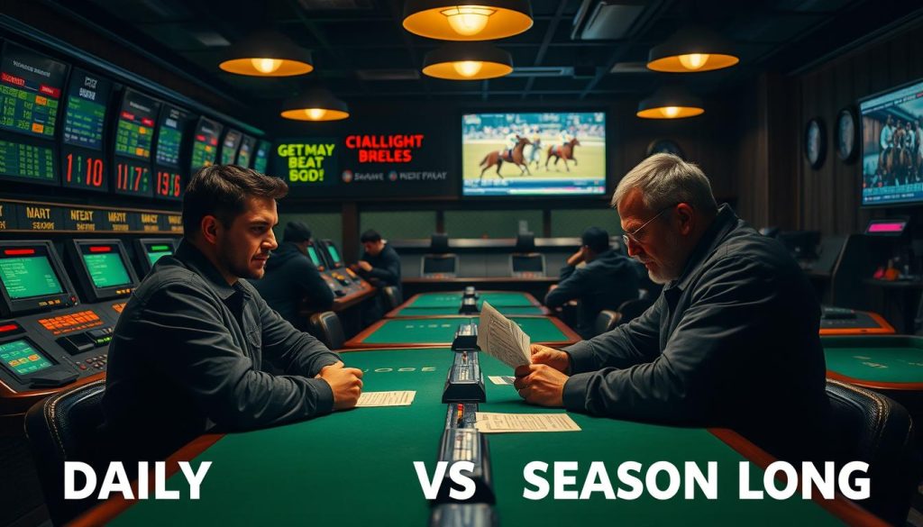 A dimly lit betting parlor, the warm glow of green-felted tables casting a vintage ambiance. In the foreground, two challengers face off, their expressions intense as they pore over betting slips and odds charts. The middle ground showcases an array of betting terminals, their screens flickering with live scores and statistics. In the background, a large monitor displays the day's races, horses thundering down the track. The scene is imbued with a sense of anticipation and high-stakes excitement, capturing the essence of the "daily" vs. "season-long" betting challenge.