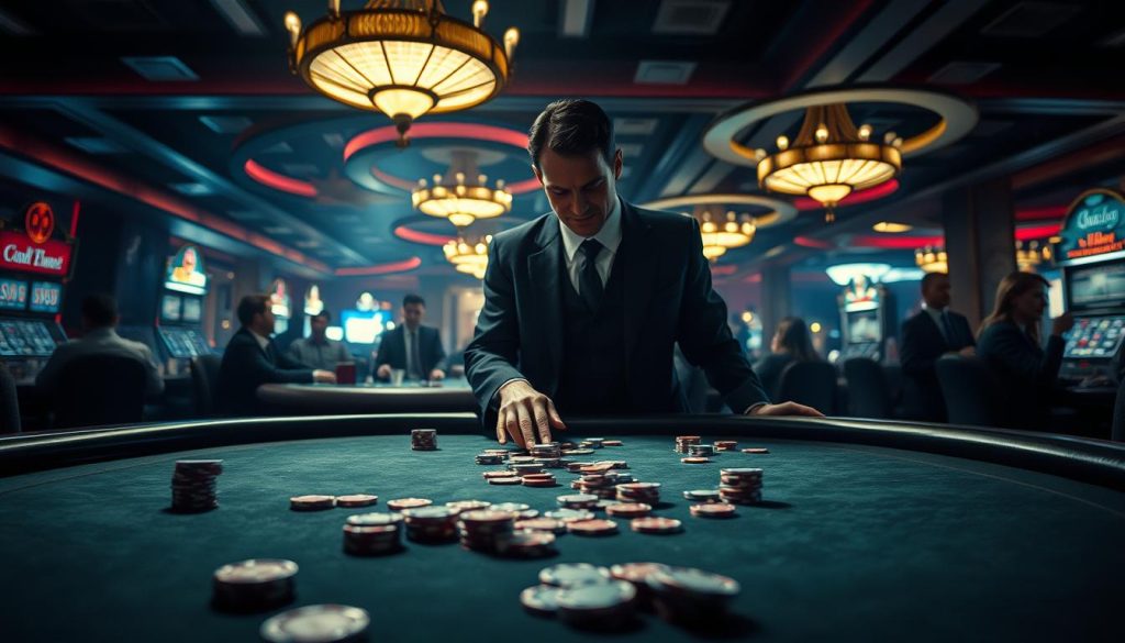 A dimly lit casino floor, the air thick with tension. In the foreground, a high-stakes poker table, chips scattered haphazardly, a lone gambler's hand poised over the felt, hesitant. Behind them, a shadowy figure in a tailored suit, a sinister grin on their face, representing the seductive allure of easy money. In the background, a maze of flashing lights, the clink of glasses, and the murmur of other players, all vying for the ultimate prize, unaware of the pitfalls that lie ahead. A cautionary tale of the perils of betting strategy, captured in a single, haunting image.