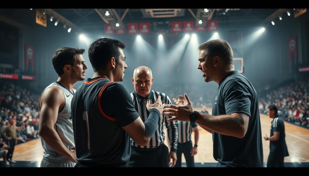 A heated sports betting dispute unfolds on a professional arena court, captured in a cinematic wide-angle shot. In the foreground, two opposing players aggressively argue, gesturing emphatically as a referee attempts to mediate. The middle ground reveals a tense, anticipatory crowd. In the background, the court is bathed in dramatic, high-contrast lighting, conveying a sense of high stakes and intensity. The overall scene reflects the dramatic tension and competitive spirit of a sports betting tie-break scenario.