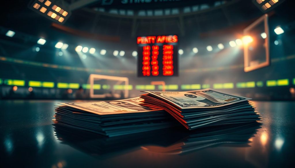 A high-contrast, cinematic image of sports betting entry fees and payouts. In the foreground, a stack of cash and sports betting tickets are laid out on a sleek, reflective surface, casting dynamic shadows. In the middle ground, an LED display shows the current odds and payout ratios for various sports events. The background is blurred, with a dimly-lit sports arena or stadium visible, suggesting the excitement and intensity of the betting experience. The lighting is dramatic, with warm highlights and cool shadows, creating a sense of urgency and anticipation. The overall composition is balanced and visually striking, drawing the viewer's attention to the key details of the sports betting process. A high-contrast, cinematic image of sports betting entry fees and payouts. In the foreground, a stack of cash and sports betting tickets are laid out on a sleek, reflective surface, casting dynamic shadows. In the middle ground, an LED display shows the current odds and payout ratios for various sports events. The background is blurred, with a dimly-lit sports arena or stadium visible, suggesting the excitement and intensity of the betting experience. The lighting is dramatic, with warm highlights and cool shadows, creating a sense of urgency and anticipation. The overall composition is balanced and visually striking, drawing the viewer's attention to the key details of the sports betting process.