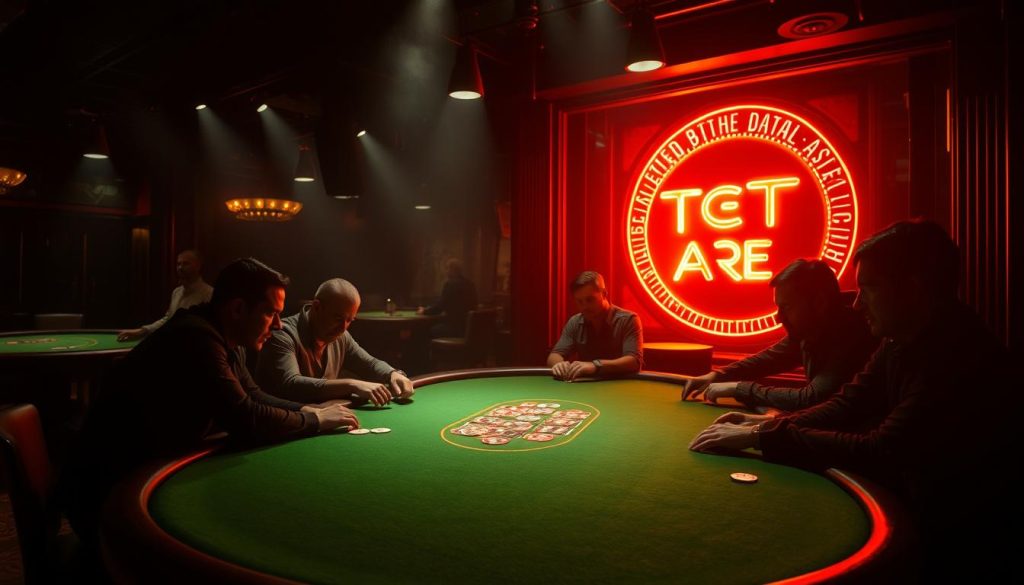 A high-stakes casino interior, dimly lit with a sultry, smoky atmosphere. In the foreground, a green felt betting table is the focal point, surrounded by a group of poker players engaged in a tense, high-stakes challenge. Shadows dance across their faces as they carefully consider their next move. In the background, a large neon sign flickers, casting an alluring glow over the scene. The lighting is dramatic, with pools of light and deep shadows creating a moody, cinematic feel. The camera angle is slightly elevated, giving a sense of tension and anticipation as the viewer is drawn into the thrilling, high-stakes world of the betting challenge.