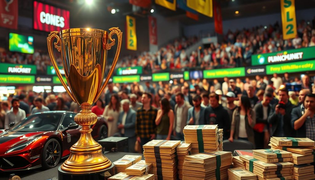 A high-stakes sports betting competition with an array of coveted prizes on display. In the foreground, a large trophy gleams under dramatic lighting, casting a warm glow. Surrounding it are various luxurious rewards - a sleek sports car, a lavish vacation package, and stacks of cash in different denominations. The middle ground features a crowd of eager spectators, their faces alight with excitement. In the background, the venue is adorned with vibrant banners and signage, hinting at the grandeur of the event. The overall atmosphere is one of high-octane anticipation, where the thrill of victory and the promise of life-changing prizes collide.