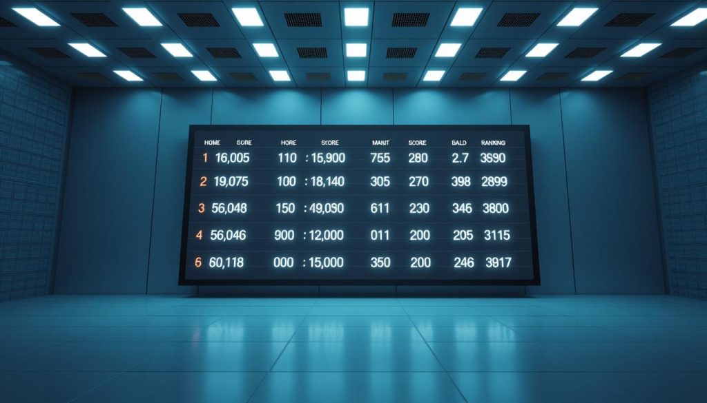 A high-tech leaderboard display set against a sleek, futuristic backdrop. The board features a series of dynamic, holographic score entries that appear to float in mid-air, reflecting a minimalist, data-driven aesthetic. Crisp, evenly-distributed lighting bathes the scene in a cool, monochromatic palette, creating a sense of precision and clarity. The overall composition conveys a serious, analytical mood, inviting the viewer to closely examine and interpret the competitive rankings displayed.