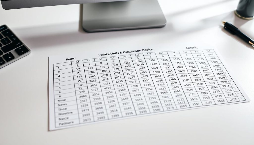 A highly detailed and data-rich contest scoring points distribution table, laid out on a clean, minimalist desk surface. The table features a grid of numerical values, rendered in a sleek, modern font with precise alignment. Soft, directional lighting casts subtle shadows, enhancing the sense of depth and dimensionality. The overall aesthetic is professional, informative, and designed to clearly communicate the nuances of a points-based leaderboard system. The table is the focal point, presented in a manner that aligns with the "Points, Units & Calculation Basics" section of the article on tournament ranking mechanics.