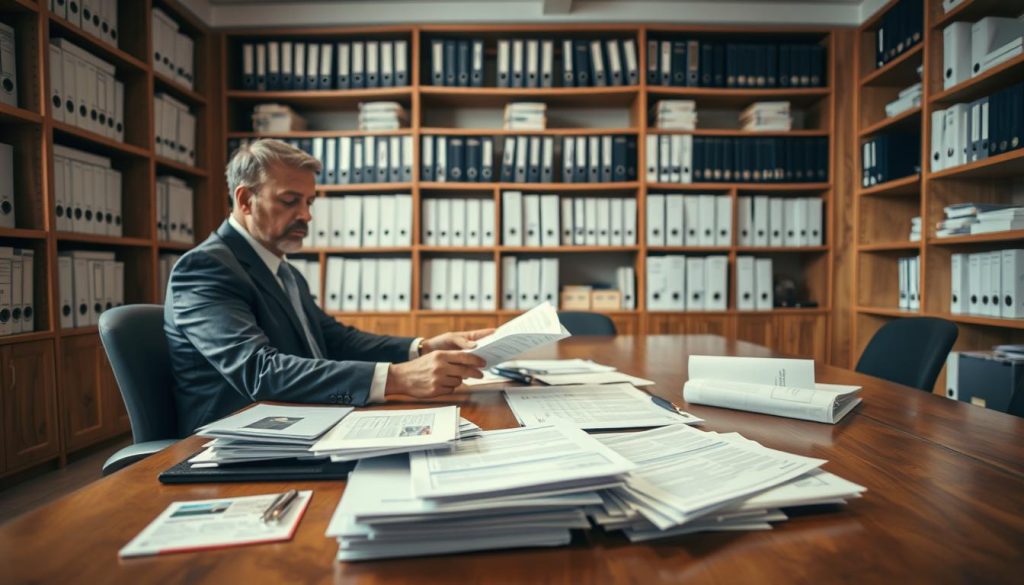 A large wooden table in a well-lit office setting, with a professional-looking man in a suit sitting at it, carefully examining various documents and forms. In the foreground, a stack of paperwork, including tax forms, ID cards, and signed agreements. Behind the man, floor-to-ceiling shelves filled with organized binders and folders, creating a sense of order and legality. The lighting is soft and natural, creating a warm, authoritative atmosphere. The camera angle is slightly elevated, giving the viewer a sense of the process's formality and importance.