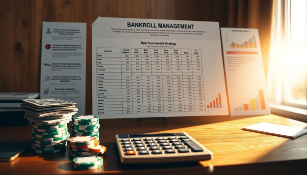 A meticulously designed infographic on a wooden desk, illuminated by warm, natural light streaming in from a nearby window. The foreground features a stack of currency, poker chips, and a calculator, symbolizing the importance of bankroll management. The middle ground showcases a well-organized spreadsheet detailing budget allocation, risk assessment, and bankroll fluctuations. In the background, subtle graphs and charts provide visual cues on effective tournament strategies and bankroll optimization. The overall mood is one of financial discipline, strategic planning, and a sense of controlled progress, encapsulating the key principles of successful bankroll management for betting challenges.