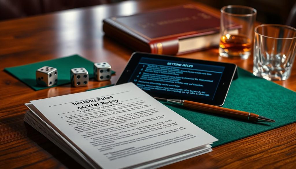 A richly detailed scene of betting rules and regulations displayed on a well-lit, hardwood table. In the foreground, a stack of official-looking documents with crisp, legible text detailing fair play guidelines. Behind it, a pair of chrome-accented gambling dice, a wooden pen, and a green felt mat, evoking the atmosphere of a high-stakes casino. The middle ground features a sleek, modern tablet displaying additional betting terms and conditions, illuminated by a warm, overhead light. In the background, a luxurious leather-bound book and a crystalline whiskey tumbler hint at the serious nature of the subject matter. The overall mood is one of professionalism, precision, and meticulous adherence to the rules.