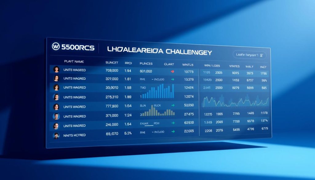 A sleek, digital leaderboard display showcases sports betting metrics in a crisp, minimalist layout. The foreground features a series of numbered positions with player names, units wagered, ROI percentages, and win/loss records, all rendered in a clean, professional typeface. The middle ground incorporates dynamic data visualizations, such as bar graphs and line charts, highlighting key performance indicators. The background subtly transitions between shades of blue, evoking a sense of technology and competition. Soft, directional lighting casts subtle shadows, adding depth and dimension to the overall composition. The scene conveys a high-stakes, data-driven atmosphere befitting a sports betting challenge leaderboard.