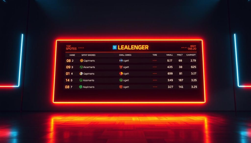 A sleek, high-tech sports betting leaderboard display against a dimly lit, neon-accented background. The leaderboard features a modern, minimalist design with crisp, glowing digital numbers and icons showcasing the top participants in a sports betting challenge. The scene is bathed in a cool, futuristic lighting setup that casts dramatic shadows, creating a sense of intensity and competition. The overall atmosphere conveys the excitement and thrill of the sports betting challenge, highlighting the key differences between this experience and regular sports betting.