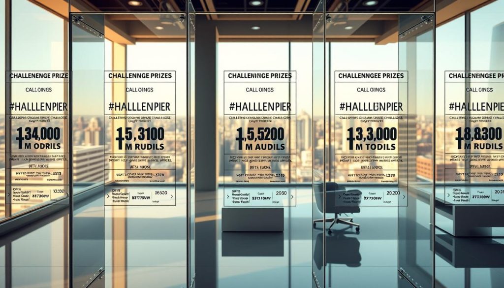 A transparent, glass-enclosed display showcases various challenge prizes, each with its own odds and payouts prominently featured. The foreground features a close-up of the display, highlighting the clear, polished materials and the crisp, data-driven graphics. The middle ground shows the display situated in a sleek, modern office setting, with minimalist furniture and clean lines. The background suggests a panoramic view of a bustling city skyline, bathed in warm, natural lighting that filters through the display's transparent panels, creating a sense of openness and transparency. The overall mood is one of professionalism, precision, and a commitment to providing clear, accessible information about the challenge prizes on offer.