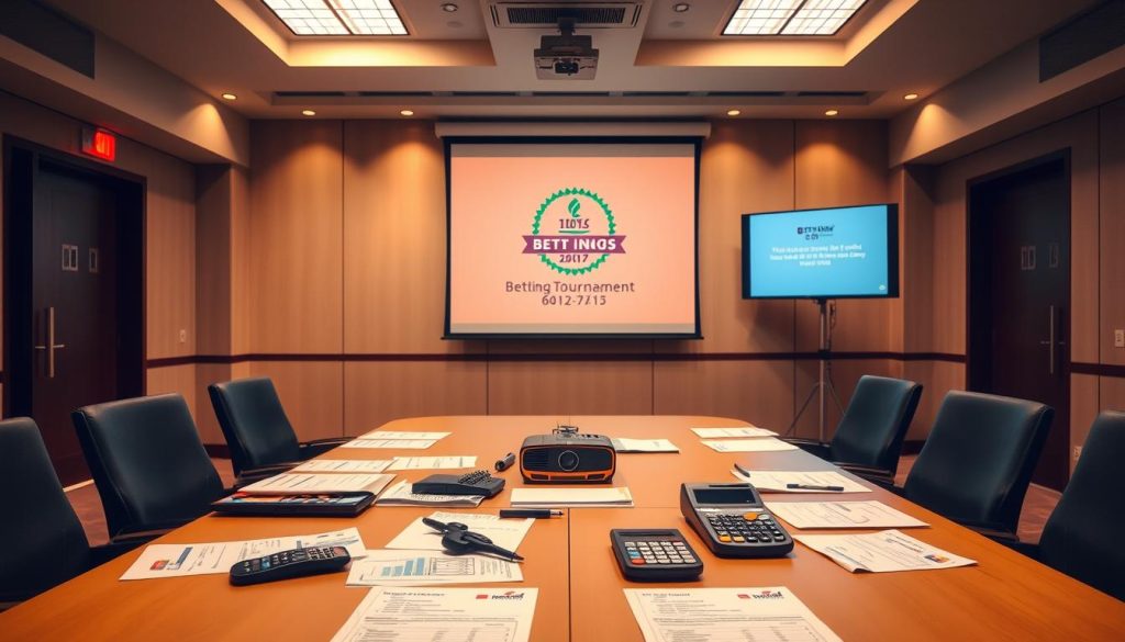 A well-lit conference room with a large table, chairs, and a projector screen at the front. On the table, various betting-related documents, calculators, and betting slips are neatly arranged, hinting at the entry requirements for a betting tournament. The room has a professional, business-like atmosphere, with warm lighting and clean, modern furnishings. The projector screen displays the tournament's logo and key details, providing a focal point for the image. The overall scene conveys a sense of organization, preparation, and the specialized knowledge required to participate in a competitive betting event.
