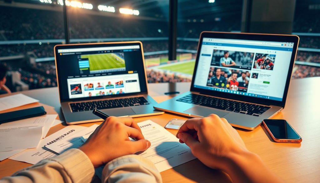 A well-lit desktop with a laptop, smartphone, and various sports betting registration documents. In the foreground, a person's hands filling out a registration form. The middle ground features a sports betting app on the laptop and a sports news article on the smartphone. The background showcases a sports stadium with fans and athletes, creating an atmosphere of excitement and anticipation. The lighting is warm and inviting, emphasizing the focus on the registration process. The overall scene conveys the step-by-step nature of the sports betting registration journey. A well-lit desktop with a laptop, smartphone, and various sports betting registration documents. In the foreground, a person's hands filling out a registration form. The middle ground features a sports betting app on the laptop and a sports news article on the smartphone. The background showcases a sports stadium with fans and athletes, creating an atmosphere of excitement and anticipation. The lighting is warm and inviting, emphasizing the focus on the registration process. The overall scene conveys the step-by-step nature of the sports betting registration journey.