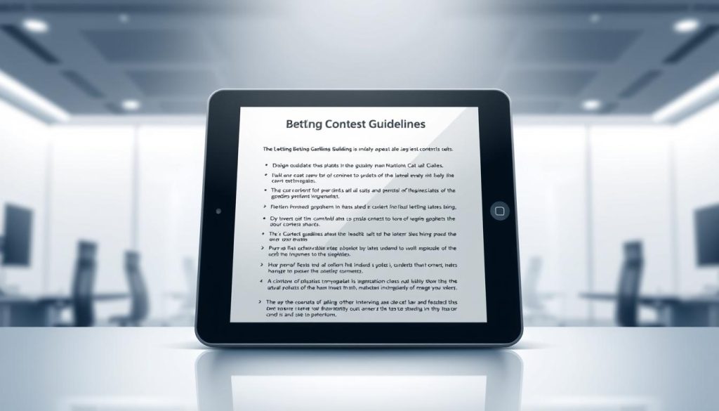 A well-lit, high-resolution digital illustration depicting a set of neatly organized betting contest guidelines displayed on a sleek, modern tablet device. The guidelines are presented against a clean, minimalist background, with a subtle gradient or texture to add depth and visual interest. The tablet is positioned in the foreground, with a soft focus on the guidelines, and a slightly blurred background of a professional office or workspace environment. The overall mood is one of clarity, professionalism, and attention to detail, conveying the importance of thoroughly understanding the latest updates to the betting contest rules.