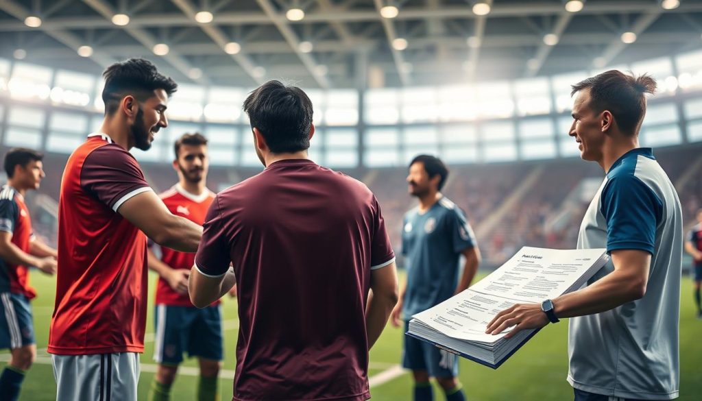 A well-lit, high-resolution image depicting the concept of "sports betting rules integrity". In the foreground, a group of athletes engaged in a friendly competition, shaking hands and displaying sportsmanship. The middle ground features a rule book or sports betting guidelines, symbolizing the importance of fair play and adherence to established protocols. The background showcases a modern, minimalist stadium or arena setting, conveying a sense of professionalism and high-stakes competition. The overall mood is one of camaraderie, fairness, and a commitment to upholding the integrity of the sport and its associated betting activities.