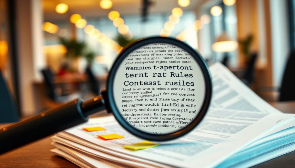 A close-up scene depicting a magnifying glass hovering over a stack of contest rule documents, focusing on the fine print text. The foreground features the magnifying glass reflecting intricate details of the terms and conditions. In the middle, the papers are neatly arranged, with some sections highlighted by colorful sticky notes. The background is a soft focus of a modern office setting, with warm ambient lighting creating a professional yet inviting atmosphere. The image conveys a sense of careful analysis and attention to detail, emphasizing the importance of understanding contest rules. There are no people present, allowing the focus to remain solely on the documents and the magnifying glass. A close-up scene depicting a magnifying glass hovering over a stack of contest rule documents, focusing on the fine print text. The foreground features the magnifying glass reflecting intricate details of the terms and conditions. In the middle, the papers are neatly arranged, with some sections highlighted by colorful sticky notes. The background is a soft focus of a modern office setting, with warm ambient lighting creating a professional yet inviting atmosphere. The image conveys a sense of careful analysis and attention to detail, emphasizing the importance of understanding contest rules. There are no people present, allowing the focus to remain solely on the documents and the magnifying glass.