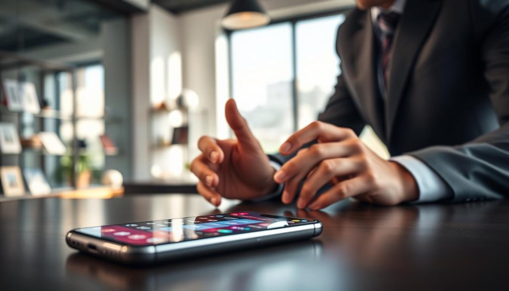 A close-up view of a sleek smartphone displayed on a modern desk, showcasing an innovative sports betting app interface. The foreground features the smartphone with a vibrant, user-friendly app design displaying live odds and interactive features. In the middle ground, a pair of hands in professional business attire interacts with the screen, swiping through options. The background features a soft-focus view of a contemporary office environment, with sports memorabilia subtly displayed on shelves. Soft natural lighting from a nearby window enhances the high-tech feel, casting gentle shadows. The overall mood conveys excitement and engagement, highlighting the cutting-edge technology and user experience in sports betting apps.