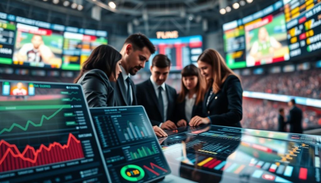 A detailed digital illustration depicting a high-tech betting rankings algorithm. In the foreground, sleek and modern interfaces display intricate graphs and statistics, with dynamic charts illustrating point calculations and leaderboards. In the middle, a diverse group of professionals in business attire collaborate over a futuristic touchscreen interface, analyzing data to enhance user experience. The background features a blurred view of a digital sports arena, with vibrant screens showcasing live game stats and player performance analytics. Soft lighting highlights the vivid colors of the displays, creating an energetic and focused atmosphere. The lens perspective captures the scene from a slight angle, emphasizing the teamwork and advanced technology involved in calculating betting points effectively. A detailed digital illustration depicting a high-tech betting rankings algorithm. In the foreground, sleek and modern interfaces display intricate graphs and statistics, with dynamic charts illustrating point calculations and leaderboards. In the middle, a diverse group of professionals in business attire collaborate over a futuristic touchscreen interface, analyzing data to enhance user experience. The background features a blurred view of a digital sports arena, with vibrant screens showcasing live game stats and player performance analytics. Soft lighting highlights the vivid colors of the displays, creating an energetic and focused atmosphere. The lens perspective captures the scene from a slight angle, emphasizing the teamwork and advanced technology involved in calculating betting points effectively.