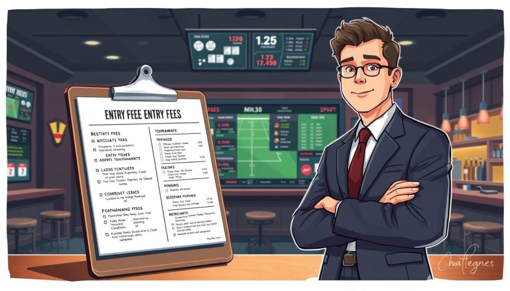 A detailed illustration depicting the concept of entry fees for sports betting tournaments. In the foreground, a professional-looking business individual, dressed in a smart business suit, stands confidently beside a large, transparent clipboard featuring various documents outlining entry fee structures and requirements. In the middle ground, a digital screen displays sports betting graphics, such as odds and tournament dates, adding a dynamic element. The background showcases a stylized sports bar environment, with subtle lighting that creates a welcoming, yet focused atmosphere. The scene is captured from a slightly elevated angle, highlighting the organization of information around the main subject. The mood is informative and encouraging, aimed at inspiring new challengers to engage in sports betting tournaments.