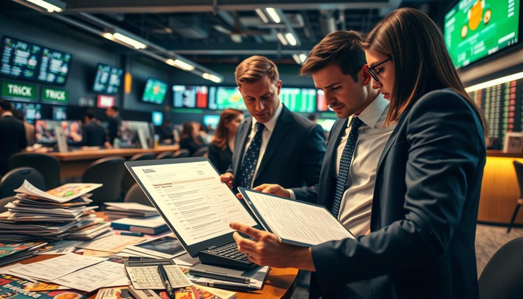 A detailed scene depicting the betting entry process with common rookie mistakes highlighted. In the foreground, a group of three individuals in professional business attire, looking perplexed as they review a long, complicated registration form on a tablet. In the middle ground, a cluttered table filled with various betting materials: sports magazines, calculators, and error-filled notes. The background shows a lively sports betting venue, with screens displaying games and odds. Soft overhead lighting emphasizes the sense of urgency and confusion among the beginners. The overall mood captures the tension and mistakes often made by newcomers, showcasing the importance of clarity in the betting process.