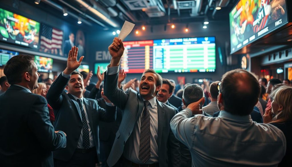 A dramatic scene depicting a head-to-head betting upset in a vibrant sports betting environment. In the foreground, a diverse group of excited spectators, dressed in professional business attire, react with surprise and jubilation, while one individual triumphantly raises a betting slip. The middle ground features a large screen displaying the unexpected turnaround in scores or odds, with bright lights illuminating the moment. In the background, a bustling sports bar ambiance complete with patrons eagerly watching the game, surrounded by sports memorabilia and large screens showcasing various events. The lighting should be dynamic, casting a lively glow to enhance the excitement of the upsets. The atmosphere is filled with tension and exhilaration, capturing the essence of unexpected victories in head-to-head betting.