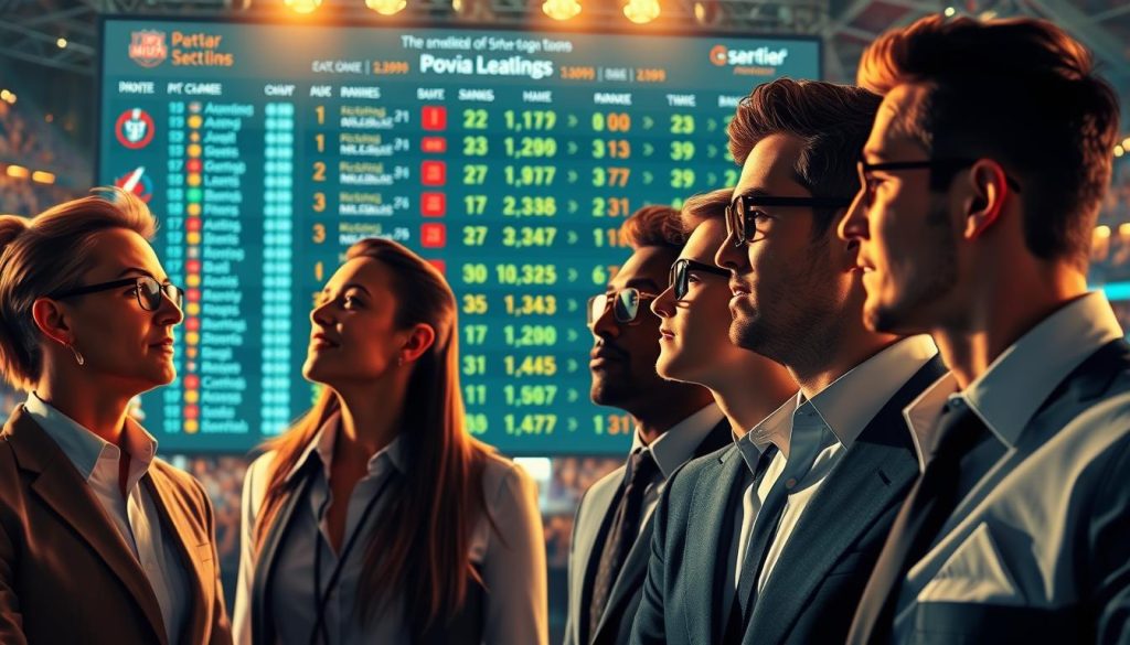 A dynamic and engaging illustration of a leaderboard representing the psychological aspects of competition in sports betting. In the foreground, a diverse group of determined individuals in professional attire examines a digital leaderboard filled with colorful rankings and statistics. Their expressions reflect excitement and ambition, symbolizing the chase for the top. In the middle ground, soft glowing lights illuminate the leaderboard, highlighting key metrics while casting subtle shadows of the participants. The background features a blurred sports arena, alive with cheering crowds, creating an energetic atmosphere. The lighting is warm and inviting, capturing the intensity of ambition and the thrill of competition. The overall mood should evoke a sense of determination and focus within a professional setting. A dynamic and engaging illustration of a leaderboard representing the psychological aspects of competition in sports betting. In the foreground, a diverse group of determined individuals in professional attire examines a digital leaderboard filled with colorful rankings and statistics. Their expressions reflect excitement and ambition, symbolizing the chase for the top. In the middle ground, soft glowing lights illuminate the leaderboard, highlighting key metrics while casting subtle shadows of the participants. The background features a blurred sports arena, alive with cheering crowds, creating an energetic atmosphere. The lighting is warm and inviting, capturing the intensity of ambition and the thrill of competition. The overall mood should evoke a sense of determination and focus within a professional setting.