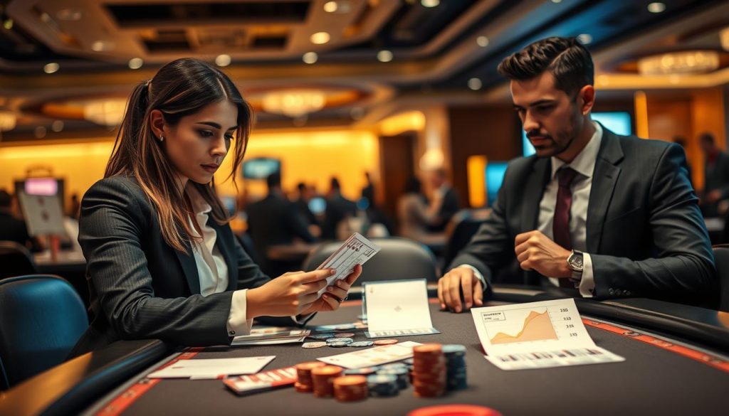 A dynamic and engaging scene depicting two professional gamblers engaged in a focused one-on-one betting strategy discussion at a sleek, modern poker table. In the foreground, one individual, a woman in professional business attire, thoughtfully analyzes a set of betting cards, while the other, a man in a tailored suit, observes intently with a confident expression. In the middle ground, various betting tools such as chips and graphs showcasing statistics are neatly arranged on the table, enhancing the strategic environment. The background features a softly lit, upscale casino with blurred patrons, creating a sophisticated atmosphere. The lighting casts warm tones, highlighting the intensity of the moment. The camera angle is slightly elevated, providing a clear view of the interactions and the strategic elements at play. The overall mood is intense yet focused, reflecting the competitive nature of head-to-head betting strategies.