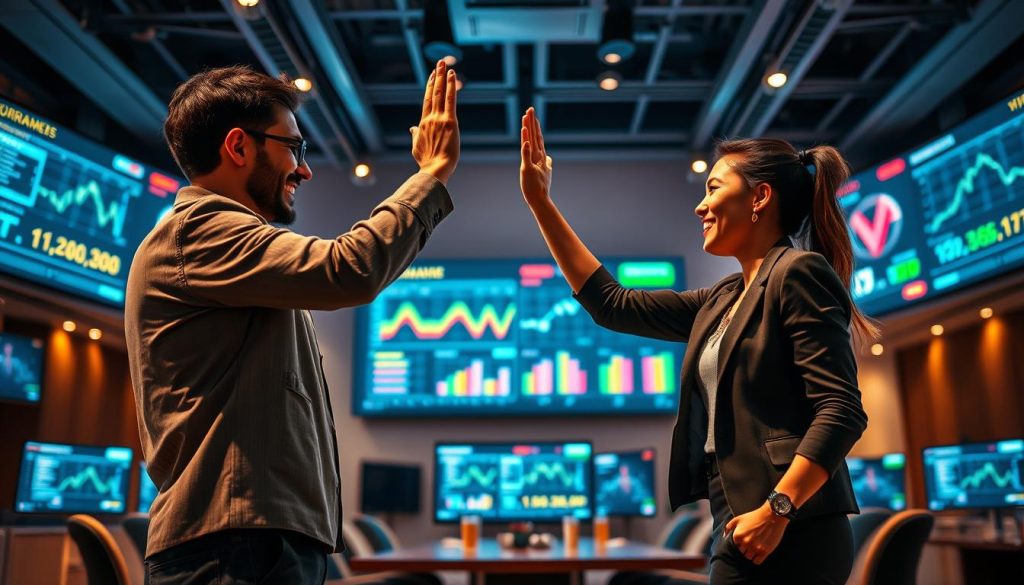 A dynamic and inspiring scene depicting a diverse group of three individuals celebrating their success in a sports betting tournament. In the foreground, a male and female gambler, dressed in smart casual attire, are high-fiving each other with joy and excitement. In the background, a large screen displays analytics and success metrics, showcasing colorful graphs and statistics relevant to their journey to winning. The middle ground features a stylish, modern conference room with glowing screens and charts, illuminated by warm ambient lighting. The atmosphere is electrifying, filled with a sense of achievement and camaraderie. The camera angle captures the moment from a slightly elevated perspective, giving viewers a panoramic view of the triumph and intensity of the tournament.