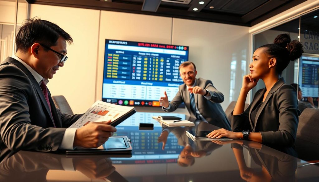 A dynamic mid-tournament scene showing a diverse group of professional bettors adjusting their strategies around a sleek, modern conference table. In the foreground, a middle-aged Asian man in business attire studies charts on a digital tablet, while a young Black woman in smart casual wear takes notes, her brow furrowed in concentration. In the middle ground, a Caucasian man gestures animatedly, pointing at a large screen displaying live game statistics and odds. The background features a well-lit room, with ambient light reflecting off glass walls, creating a high-stakes atmosphere. The overall mood is intense yet focused, capturing the essence of strategy adjustment during a pivotal moment in the competition. The camera angle is slightly elevated, providing a wide view of the engaged participants.