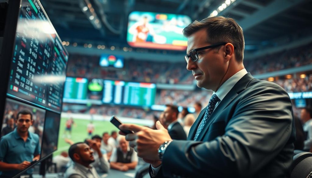 A dynamic scene capturing the essence of live betting decision making during a high-stakes tournament. In the foreground, a focused individual wearing professional business attire strategically analyzes data on multiple screens filled with live statistics and odds. The middle ground features a blurred group of diverse spectators passionately engaged in the event, their expressions reflecting tension and excitement. The background showcases a vibrant sports arena, with dramatic lighting illuminating the action on the field and creating an energetic atmosphere. The shot is captured from a slightly elevated angle, emphasizing the chaos of the moment while maintaining clarity on the decision maker's concentration. Overall, the image should evoke the intensity and rapid nature of decision-making in the world of live betting.