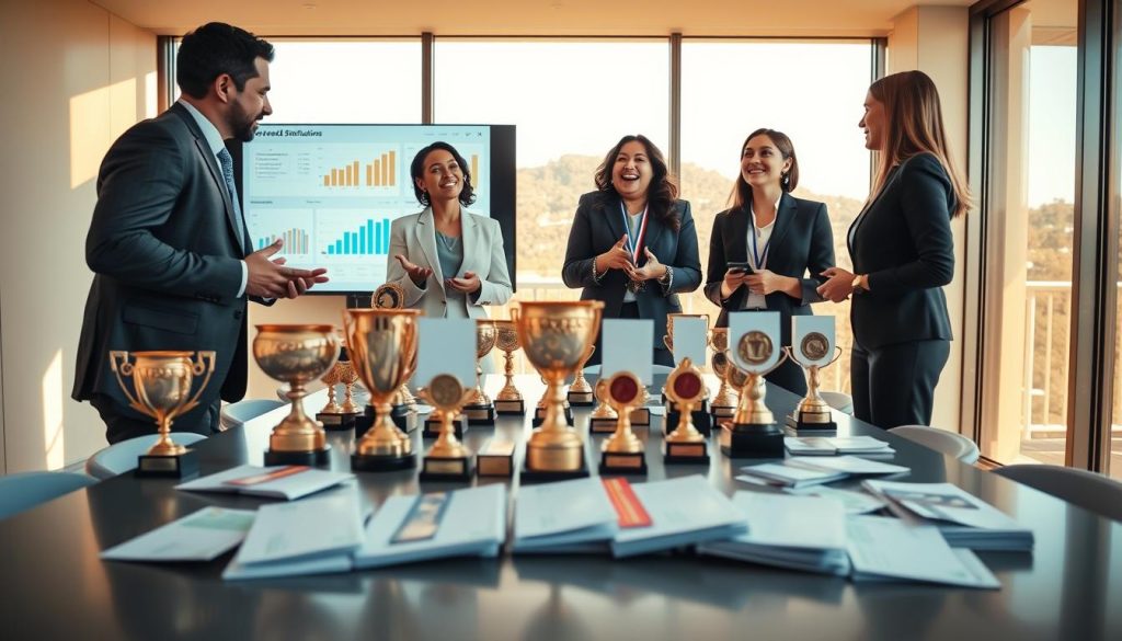 A dynamic scene depicting a contest rewards distribution event inside a contemporary conference room. In the foreground, a diverse group of three professionals in business attire, including a man and two women, are animatedly discussing prize allocations, with charts and graphs on a digital screen behind them. The middle ground features a sleek table adorned with various trophies, medals, and envelopes filled with checks, showcasing a clear prize pool. The background reveals large windows letting in warm daylight, adding an inviting atmosphere to the setting. Soft shadows and highlights create depth, while a low-angle shot emphasizes the excitement and professionalism of the event. The mood is energetic and optimistic, reflecting the anticipation of participants eager to claim their rewards.