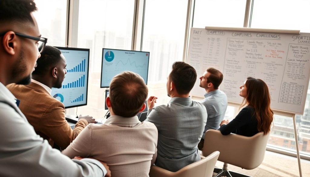 A dynamic scene depicting a diverse group of professionals engaged in a focused competition analysis meeting. In the foreground, a well-dressed team of men and women, with various ethnic backgrounds, study charts and graphs on a large screen, reflecting a lively exchange of ideas. The middle ground features a modern conference room, equipped with sleek furniture and a large window showcasing a city skyline. In the background, a whiteboard filled with strategic notes and statistical data relates to sports betting challenges. Soft, natural lighting floods the space, creating an engaging, productive atmosphere. The lens captures a slightly elevated angle, highlighting the intensity and teamwork of the moment. The mood is determined and collaborative, emphasizing the importance of meticulous analysis in competitive scenarios.