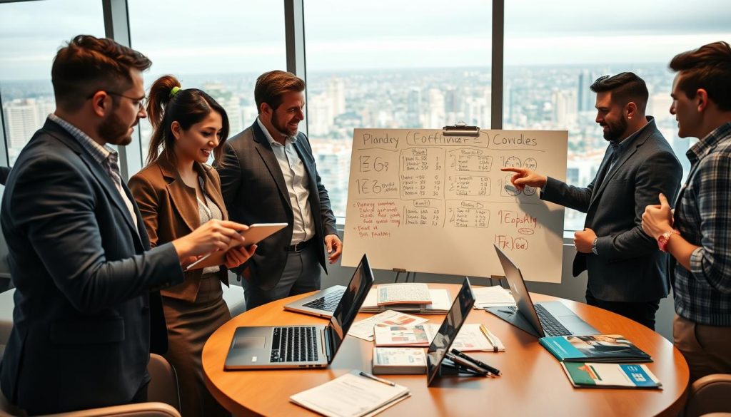 A dynamic scene depicting a group of diverse individuals engaged in a strategic betting tournament, set in a modern, well-lit conference room with sleek furnishings. In the foreground, a focused young woman in professional attire is analyzing charts and statistics on her tablet, while a middle-aged man gestures enthusiastically, pointing to a whiteboard filled with betting strategies. The middle ground features a round table with laptops and betting guides spread out, creating an atmosphere of collaboration and excitement. The background showcases large windows with a view of a vibrant cityscape, illuminated by natural light filtering in. The overall mood is energetic and competitive, emphasizing teamwork and strategic thinking in sports betting.