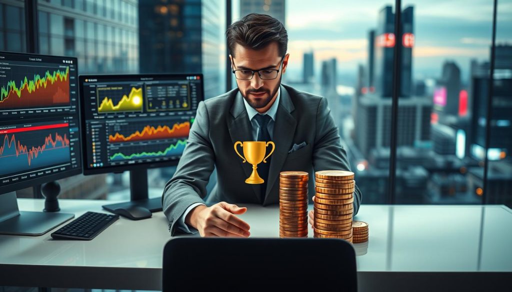 A dynamic scene illustrating the concept of "Chasing Big Scores vs. Playing Steady" in prize pools. In the foreground, a confident and well-dressed individual, sitting at a sleek modern desk, is analyzing data on multiple screens with vibrant graphs depicting fluctuating prize pools. In the middle, contrasting visuals of two betting strategies: one side shows a large, enticing jackpot symbolically represented by a glowing trophy, while the other depicts a stable stack of coins that signifies steady, consistent earnings. The background features a blurred view of a bustling financial district, symbolizing the high-stakes environment of betting contests. Soft, focused lighting casts an inspirational mood, while a wide-angle perspective draws the viewer into the strategic decision-making process.