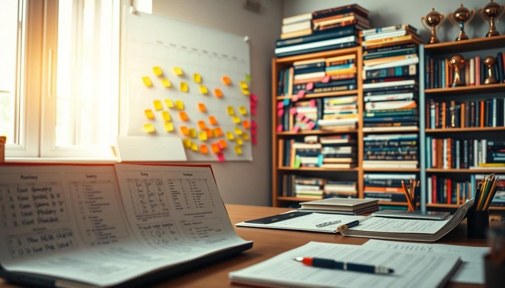 A focused and organized workspace showcasing a fantasy football strategy plan. In the foreground, a detailed desktop with a laptop displaying intricate graphs and player statistics, alongside notebook papers filled with handwritten notes. In the middle, a large wall calendar marking key game days and player matchups, filled with color-coded post-it notes for effective tracking. The background features a vibrant bookshelf stacked with sports books and trophies, indicating knowledge and achievement. Soft, natural lighting floods the scene from a nearby window, creating a warm, inviting atmosphere. The overall mood reflects dedication and strategic thinking, perfect for long-term planning. The composition should be viewed from a slight angle, emphasizing depth and focus on the planning essentials.