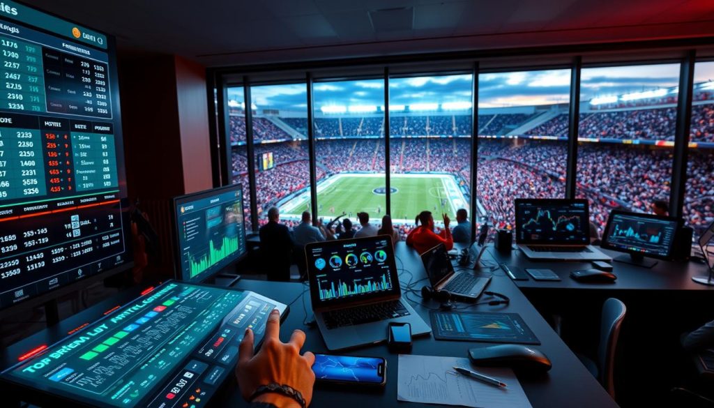 A modern, high-tech betting workspace showcasing real-time decision-making tools for live betting scenarios. In the foreground, a sleek digital interface displays live odds and statistics on transparent screens, with a hand interacting with a touchscreen control panel. The middle ground features a well-organized desktop filled with top-notch gadgets like smartphones and laptops, all adorned with graphs and charts of game analytics. In the background, a large window reveals a vibrant sports stadium filled with cheering fans, illuminated by dynamic stadium lights at dusk. The overall atmosphere is energetic and focused, conveying a sense of urgency and excitement in a professional environment. The room is well-lit, with a blend of cool and warm lighting to enhance the technological aspects.