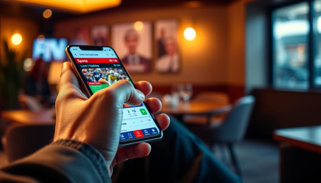 A modern mobile betting experience depicted in a sleek, user-friendly smartphone interface. In the foreground, a close-up of a person's hands, dressed in smart casual attire, interact with a sports betting app displaying live odds and match statistics. The middle ground showcases the vibrant app interface with bright colors and engaging graphics, featuring various sports options like football, basketball, and horse racing. In the background, an atmospheric setting of a cozy lounge or café, softly lit with warm lighting to evoke a sense of comfort and focus. The overall mood conveys excitement and engagement, emphasizing the convenience and accessibility of mobile betting technology in a modern lifestyle.