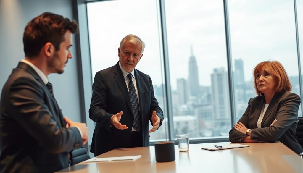 A professional mediator in business attire stands at a table, discussing a dispute between two individuals. The mediator, a middle-aged person with a calm demeanor, uses hand gestures to emphasize points. One disputant, a young man in a tailored suit, furrows his brow, while the other, a middle-aged woman in a smart blouse, sits with her arms crossed, looking concerned. The scene unfolds in a modern conference room with soft, diffused lighting that creates a serene atmosphere, highlighting the importance of resolution. In the background, large windows reveal a cityscape, symbolizing a high-stakes environment. The angle captures the intensity of the discussion, emphasizing the professionalism and respect required in the process of dispute resolution.