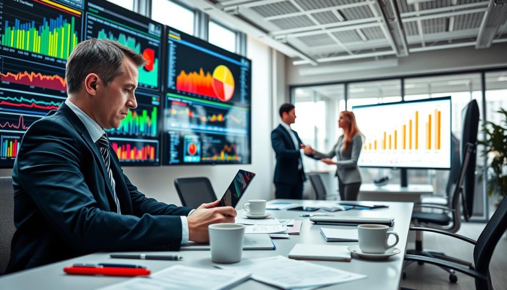 A sophisticated data analytics workspace featuring an array of colorful graphs and charts displayed on large screens. In the foreground, a focused analyst, dressed in professional business attire, analyzes data on a laptop, surrounded by notes and coffee cups. The middle ground showcases two additional professionals engaged in discussion, pointing to a chart on a monitor, illustrating collaboration in decision-making. The background includes a bright, modern office setting with floor-to-ceiling windows allowing natural light to illuminate the space. Use a shallow depth of field to emphasize the analysts while gently blurring the background. The atmosphere is dynamic and focused, conveying a sense of urgency and professionalism in data analysis for strategic betting.