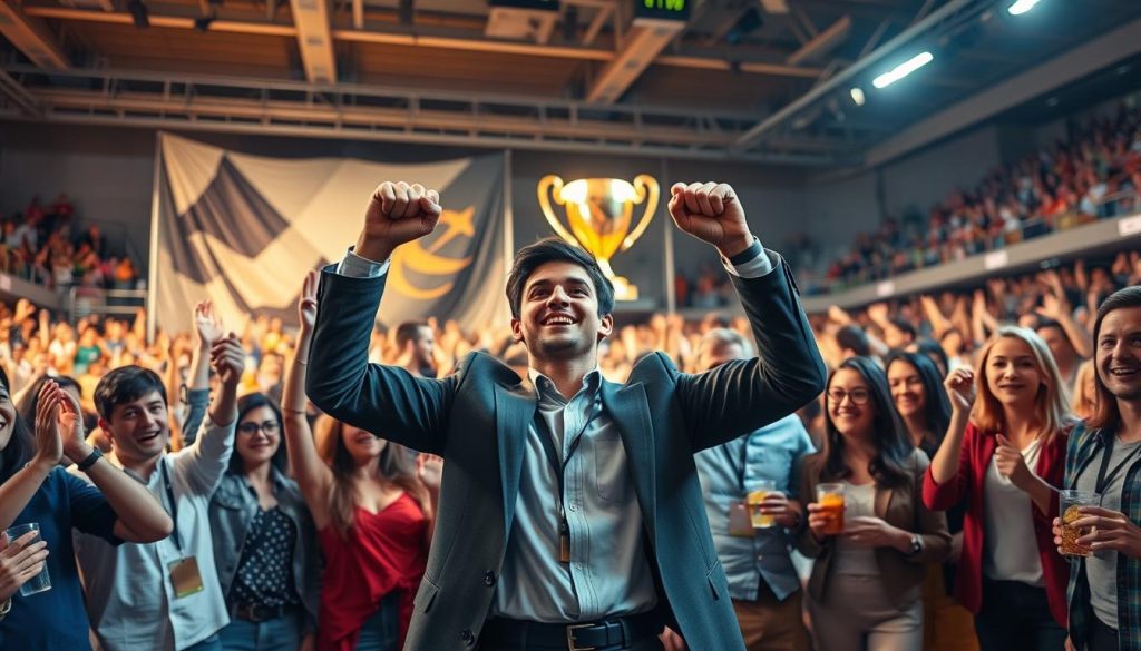 A vibrant and dynamic scene depicting a group of diverse people celebrating their sports betting success at a lively tournament. In the foreground, a young man in a smart casual outfit raises his fists in triumph, surrounded by others joyously clapping and cheering. In the middle ground, a large banner with sports paraphernalia and a glowing trophy symbolizes victory and achievement. The background features a crowded arena filled with enthusiastic spectators, some holding drinks and snacks, creating a festive atmosphere. The lighting is bright and energetic, casting warm tones to evoke excitement. The camera angle is slightly elevated, capturing the essence of celebration, determination, and community among aspiring champions in the world of sports betting.