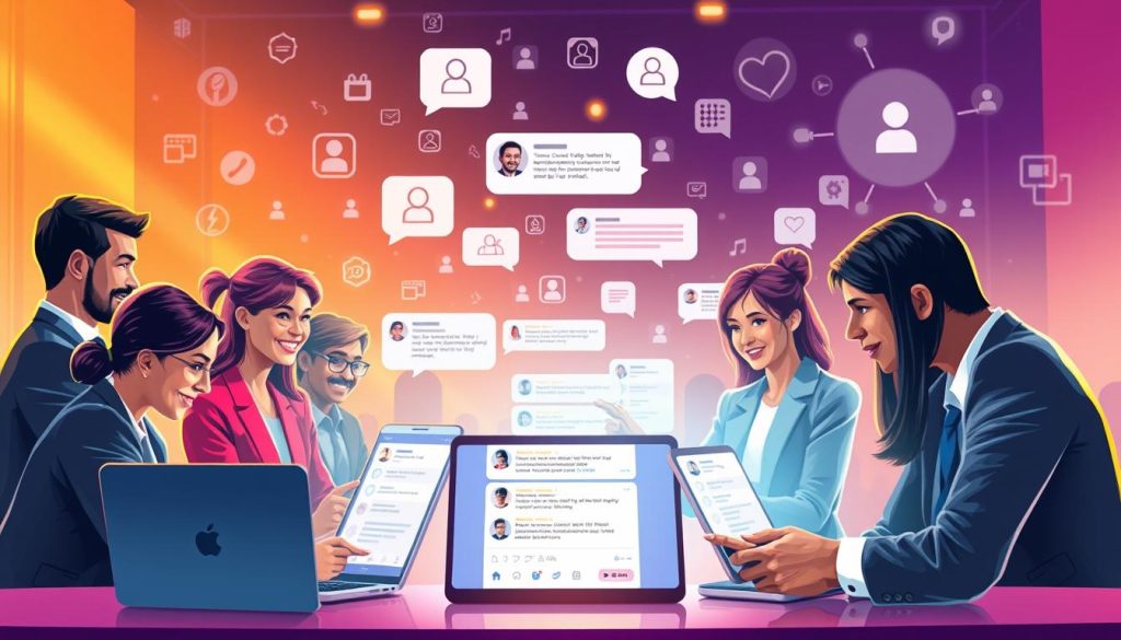 A vibrant digital illustration showcasing a diverse group of individuals engaged in an online community messaging platform focused on betting challenges. In the foreground, several people interact on devices—laptops and smartphones—displaying a lively chat interface. They are depicted in professional business attire, indicating a serious engagement in discussions. The middle ground shows digital notifications and messages floating above the screens, illustrating an energetic exchange of ideas and strategies. In the background, a virtual setting with abstract representations of online forums and networking icons enhances the sense of connectivity. The atmosphere is dynamic and collaborative, infused with warm, inviting lighting to suggest camaraderie and enthusiasm among participants. The angle is slightly tilted to create a sense of movement, encapsulating the excitement of online interactions.