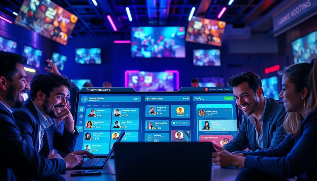 A vibrant digital scene showcasing a variety of gaming networking platforms in action. In the foreground, a group of diverse individuals, including men and women of various ethnicities, dressed in smart casual attire, are engaged in animated discussions while using laptops and gaming consoles. The middle ground features a sleek digital interface displaying elements like leaderboards, avatars, and chat bubbles, emphasizing interaction and rivalry. The background showcases a futuristic gaming lounge with neon lights and large screens showing live gameplay, creating a dynamic atmosphere. The lighting is bright and colorful with a mix of blues and purples, capturing an inviting yet competitive mood. The angle is slightly elevated to include both the participants' expressions and the digital interfaces prominently.