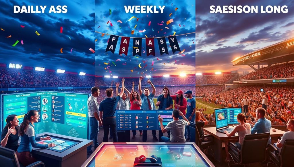 A vibrant fantasy sports competition scene featuring three distinct areas representing different types of tournaments: daily, weekly, and season-long. In the foreground, a diverse group of enthusiastic competitors, dressed in professional sports attire, are debating strategies around a digital table with floating holographic displays showcasing player stats and game schedules. In the middle, energetic fans cheer them on, surrounded by banners symbolizing various sports—football, basketball, baseball—and colorful confetti filling the air. In the background, a grand stadium filled with cheering spectators under a dynamic evening sky, illuminated by colorful lights, creating an exciting atmosphere. The image captures the thrill and camaraderie of fantasy sports, evoking a sense of competition and fun.