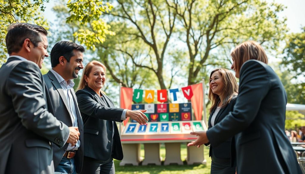 A vibrant outdoor scene capturing the essence of fair play and etiquette in betting. In the foreground, a diverse group of four individuals (two men and two women) dressed in professional business attire, enthusiastically engaged in a friendly betting challenge, exchanging smiles and handshakes as they handle winnings and losses graciously. In the middle, a beautifully set up betting area with colorful banners indicating various outdoor games. The background features lush green trees and bright blue skies, symbolizing a positive atmosphere. Soft, natural lighting bathes the scene, with sunlight filtering through the leaves, creating a warm and inviting mood. The angle is slightly elevated, providing a comprehensive view of the interactions and surroundings while emphasizing respect and camaraderie among participants.