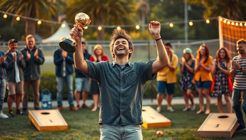 A vibrant scene illustrating the excitement of niche sports contests, showcasing a diverse group of individuals celebrating notable wins. In the foreground, a jubilant winner holds a unique trophy, exuding joy and pride, wearing modest casual clothing. The middle features a small crowd, diverse in age and ethnicity, clapping and cheering, with expressions of excitement and admiration. The background includes a whimsical sports field, perhaps a cornhole setup or a quirky lawn game, bathed in warm, golden hour lighting. The atmosphere is electric and festive, capturing the essence of community and camaraderie in lesser-known sports. The composition should be dynamic, with a slight upward angle, emphasizing the triumph and joy of these unique victories.