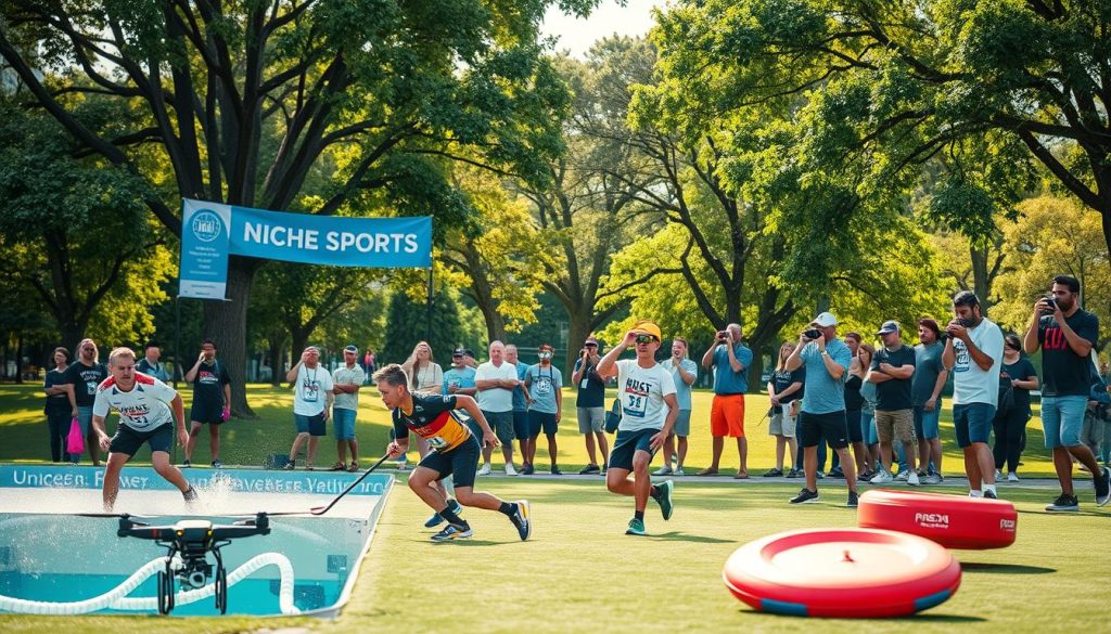 A vibrant scene showcasing a variety of niche sports contests in action. In the foreground, a diverse group of athletes passionately competing in unique sports like drone racing, underwater hockey, and ultimate frisbee. Each athlete is dressed in professional sports attire styled for their respective sport. The middle ground features spectators enthusiastically engaging, some with binoculars and others taking notes, emphasizing the depth of the niche events. In the background, a scenic park setting with lush trees and banners showing the names of the contests. Soft afternoon sunlight filters through the leaves, creating an inviting and dynamic atmosphere. The angle captures both the action and the spectators, drawing viewers into the unique world of niche sports betting, emphasizing the commitment and excitement inherent in these lesser-known competitions.