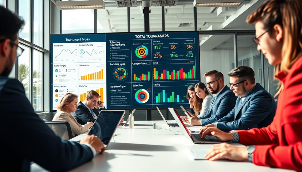 A visually engaging illustration of a "tournament types skill analysis," focusing on the overlap of skills in daily fantasy and traditional betting tournaments. In the foreground, display a diverse group of professionals in smart casual attire, deeply engaged in analyzing tournament data on laptops and tablets, showcasing a blend of concentration and collaboration. The middle ground features a large digital screen displaying infographics and statistics related to tournament types, with colorful graphs and charts. In the background, include a modern office setting, filled with natural light streaming through large windows, creating a bright and inspiring atmosphere. Use a wide-angle lens perspective to give depth, emphasizing teamwork and the analytical nature of the environment. Aim for a professional and motivational mood, capturing the essence of skill analysis in competitive gaming.