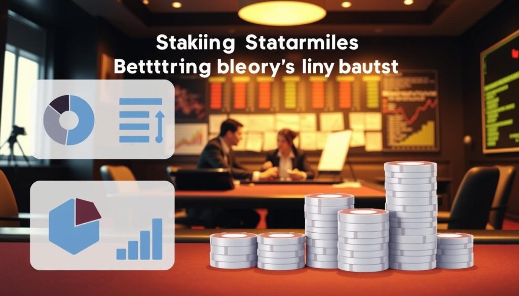 A visually engaging infographic comparing various staking strategies for betting tournaments, emphasizing the theme of avoidance of early busts. In the foreground, include simple and clear icons representing different strategies, such as a pie chart, a bar graph, and stacked chips. In the middle layer, depict a table with professional individuals in business attire analyzing these strategies, showcasing concentration and teamwork. The background should be a sophisticated, dimly lit room with a soft focus on various betting-related elements like a scoreboard or financial charts. Use warm lighting to create a calm yet strategic atmosphere, evoking a sense of careful decision-making and financial prudence in tournament play.