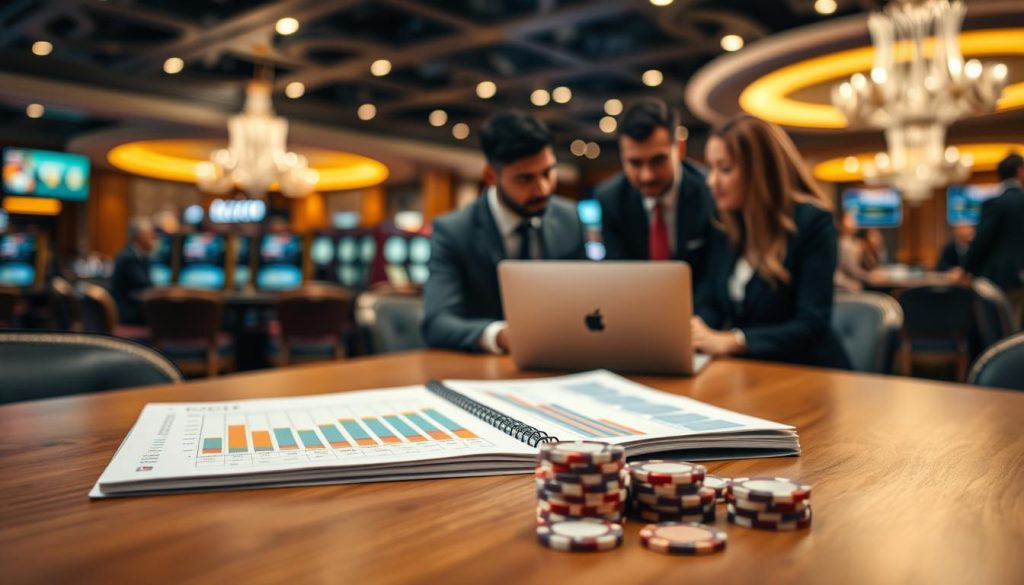 A visually engaging scene illustrating effective bankroll management examples for betting tournaments. In the foreground, a sleek, modern wooden table displays an organized bankroll ledger with graphs and colorful charts depicting betting strategies, alongside a small stack of chips. In the middle ground, a diverse group of three people in professional business attire, focused and engaged, is discussing their betting strategies over a laptop displaying live tournament data. The background features a blurred image of a vibrant casino, with warm lighting creating an inviting atmosphere, enhancing the feeling of anticipation and strategy. Use a shallow depth of field to emphasize the foreground elements while softly fading the background, capturing a mood of concentration and smart decision-making.