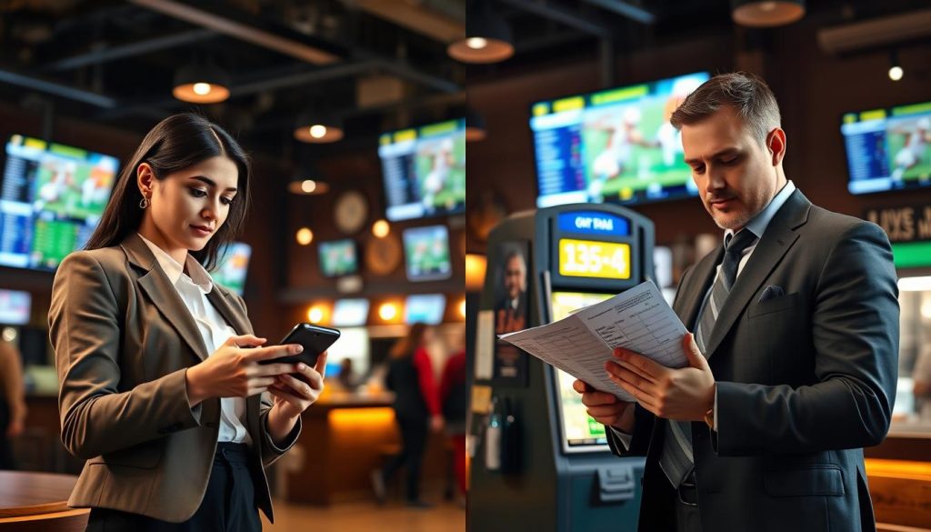 A visually striking comparison of traditional betting and daily fantasy sports, divided into two sections. In the foreground, a confident young woman in professional attire studies odds on a smartphone, representing daily fantasy sports. Beside her, a middle-aged man in business attire scrutinizes physical betting slips, highlighting traditional sports betting. In the middle ground, a sleek digital interface displaying fantasy statistics contrasts with a vintage betting kiosk adorned with sports memorabilia. The background features a lively sports bar ambiance with large screens broadcasting live games, illuminated by warm, inviting lights. The scene captures an atmosphere of excitement and focus, emphasizing the strategic nature of both betting styles, appealing to sports enthusiasts contemplating their options. Soft depth of field effect enhances the visual interest, drawing the viewer's attention to the contrasting elements.