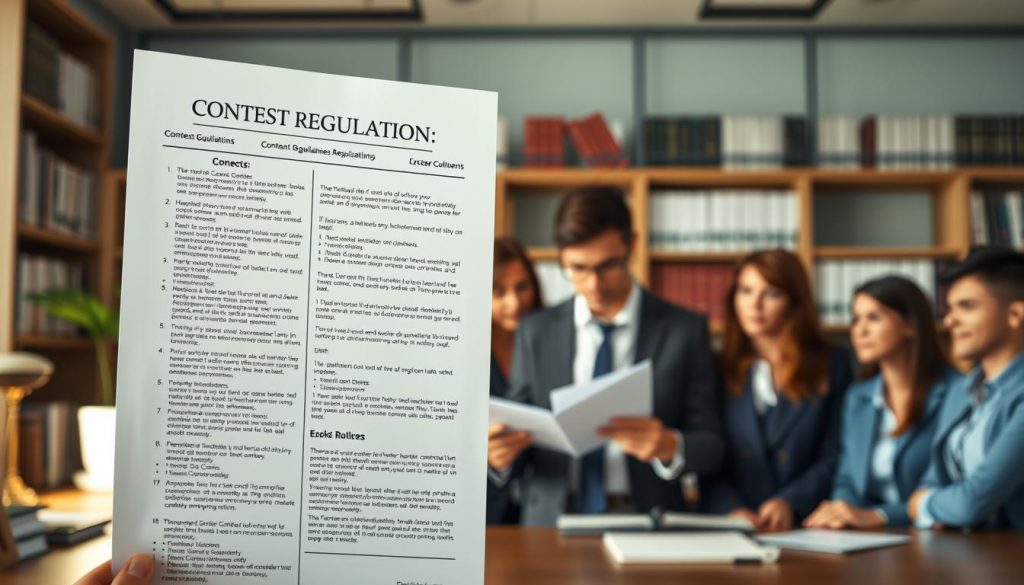 A well-organized and visually appealing contest regulation document displayed prominently in the foreground, featuring clearly outlined rules with a semi-transparent overlay. In the middle ground, a diverse group of individuals dressed in professional business attire are engaged in discussion, examining the document with intent expressions. Soft, focused lighting enhances the details of the document while creating a sense of transparency and openness. In the background, an office setting with shelves filled with books about rules and regulations, subtly emphasizing the concept of clarity in contest guidelines. The overall atmosphere is collaborative and thoughtful, conveying a sense of diligence and professionalism. The image should evoke an air of trustworthiness and integrity in contest regulations. A well-organized and visually appealing contest regulation document displayed prominently in the foreground, featuring clearly outlined rules with a semi-transparent overlay. In the middle ground, a diverse group of individuals dressed in professional business attire are engaged in discussion, examining the document with intent expressions. Soft, focused lighting enhances the details of the document while creating a sense of transparency and openness. In the background, an office setting with shelves filled with books about rules and regulations, subtly emphasizing the concept of clarity in contest guidelines. The overall atmosphere is collaborative and thoughtful, conveying a sense of diligence and professionalism. The image should evoke an air of trustworthiness and integrity in contest regulations.